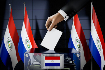 Paraguay flags, hand dropping ballot card into a box - voting, election concept - 3D illustration