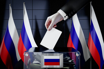 Russia flags, hand dropping ballot card into a box - voting, election concept - 3D illustration