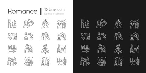 Romance linear icons set for dark and light mode. Romantic love. Partners spending time together. Customizable thin line symbols. Isolated vector outline illustrations. Editable stroke