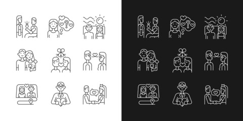 Romantic relationship linear icons set for dark and light mode. Development of healthy relations. Customizable thin line symbols. Isolated vector outline illustrations. Editable stroke