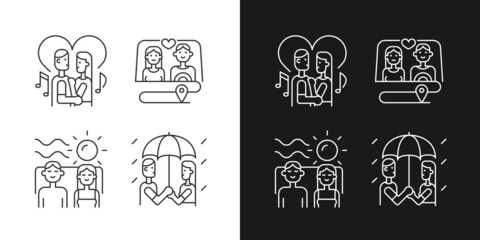 Couple quality time linear icons set for dark and light mode. Spending time as family. Weekend with partner tips. Customizable thin line symbols. Isolated vector outline illustrations. Editable stroke