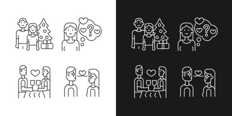 Couple in love linear icons set for dark and light mode. Love at first sight. Doubting stage of relationship. Customizable thin line symbols. Isolated vector outline illustrations. Editable stroke