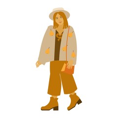 Red hear girl in boho outfit. Modern women inin a light hat. jacket with print and trousers. Vector illustration on white background