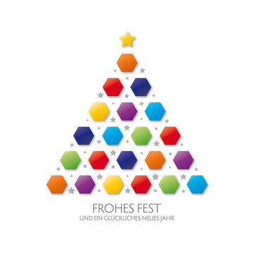 Bunter fröhlicher Weihnachtsgruß - grafische Elemente mit Weihnachtsbaum - deutscher Text - frohes Fest und ein glückliches neues Jahr