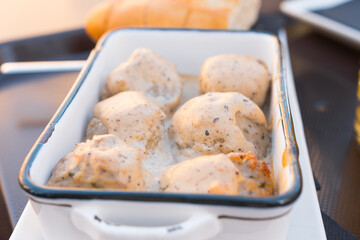 Close Up Of Delicious Meatballs In Creamy Truffle Sauce. Food Concept