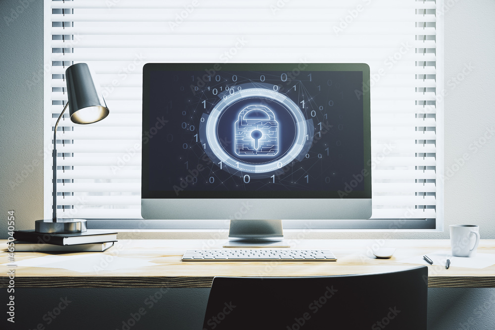 Poster Modern computer monitor with creative lock hologram and chip. Information security concept. 3D Rendering