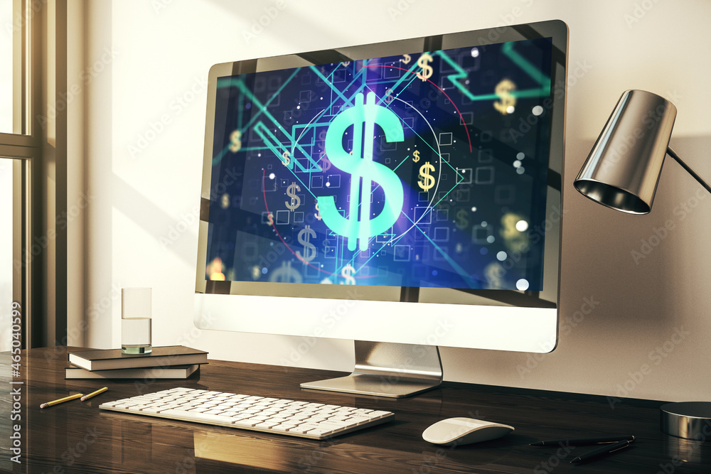 Aufkleber Modern computer monitor with creative USD symbols hologram. Banking and investing concept. 3D Rendering
