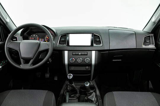 close-up of the dashboard, player, steering wheel, accelerator handle, buttons, seats.