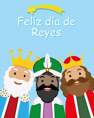 Card of the three wise men. Happy kings day written in Spanish