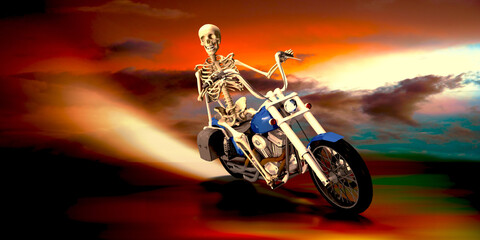 Skelett auf Motorrad  mit Feuerstreif in der Nacht