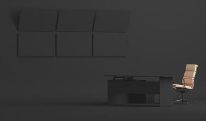 Black and grey monochrome minimal office table desk. Side view of successful trader or businessman. Workspace with an empty computer and monitor on the wall. 3d render