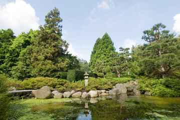 Fototapeta na wymiar View of the Japanese Garden at the Botanical Gardens in small Flottbek Hamburg, Germany, Europe