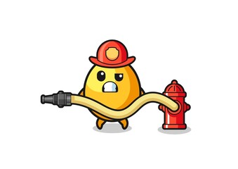 golden egg cartoon as firefighter mascot with water hose