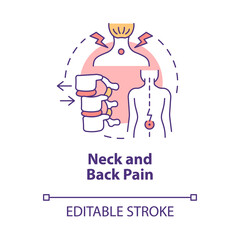 Neck and back pain concept icon. Patient with spine ache from bad posture. Physiotherapy abstract idea thin line illustration. Vector isolated outline color drawing. Editable stroke