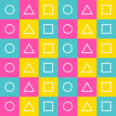 Seamless geometry pattern. Circle, triangle, square tile on pink teal yellow background