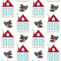 Decorated Christmas houses with holly and berries seamless pattern. Background with midi houses. Template for fabric, packaging and wallpaper, vector illustration.