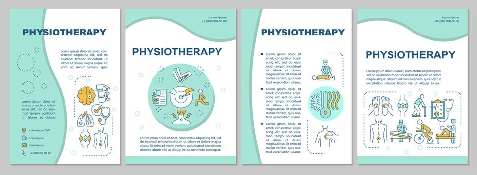 Physical Therapy Mint Brochure Template. Health Care. Flyer, Booklet, Leaflet Print, Cover Design With Linear Icons. Vector Layouts For Presentation, Annual Reports, Advertisement Pages