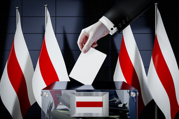 Belarus democratic flags, hand dropping ballot card into a box - voting, election concept - 3D illustration