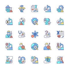 Clinical trials RGB color icons set. Experimental medicine research. Clinical scientist. Funding opportunities. New drugs testing. Isolated vector illustrations. Simple filled line drawings collection