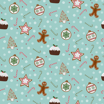 Seamless festive pattern of Christmas Puddings, Gingerbread shapes and Candy Canes.
