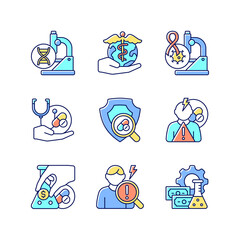 Medical research RGB color icons set. Genetic disease study. Check safety new medication. Adverse effects. Cancer clinical trials. Isolated vector illustrations. Simple filled line drawings collection