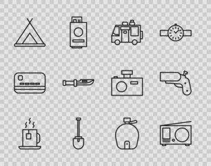 Set line Cup of tea with tea bag, Radio antenna, Rv Camping trailer, Shovel, Tourist tent, knife, Canteen water bottle and Flare gun pistol icon. Vector