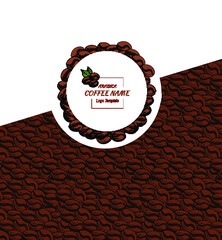 Vector Coffee Label Template, Brown and White Colors, Hand Drawn Coffee Beans Pattern and Circle Frame, White Background.