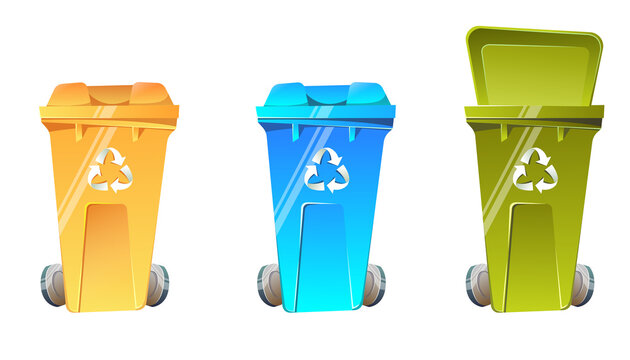 Set of Different colored trash cans for recycling. Segregate waste, sorting garbage, waste management. White background. Vector illustration, flat style.