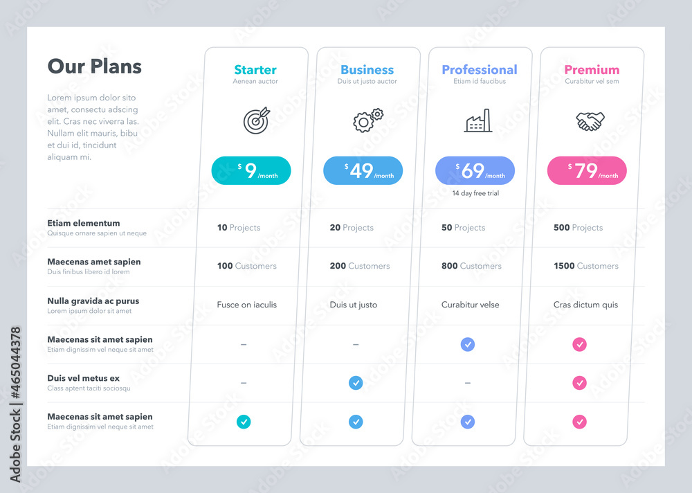Leinwandbilder simple pricing table with four subscription plans and place for description. flat infographic design