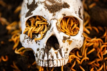 Maggots crawling on dead skull closeup photo