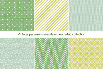 Collection of vector seamless geometric vintage patterns. Colorful old backgrounds. Textile endless textures