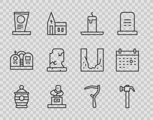 Set line Funeral urn, Hammer, Burning candle, Grave with tombstone, Old grave, Scythe and Calendar death icon. Vector