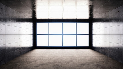 Concrete background space,  sunlight passing through the window with rough concrete background space and shiny 3d rendering.