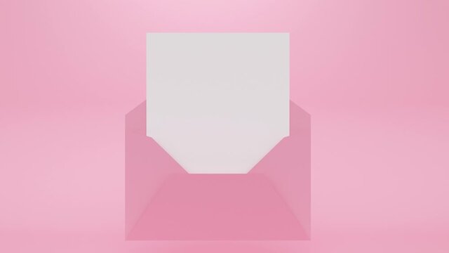 Mock up open envelope with white paper on pink background with shadow. Minimal modern seamless motion design. Abstract loop animation