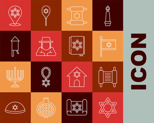 Set line Star of David, Torah scroll, Flag Israel, Orthodox jewish hat, Firework rocket, and Jewish torah book icon. Vector