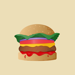 Image of a cheeseburger with lettuce, onion, tomato, cheese, cutlet and ketchup. The ketchup sticks to the bottom bun. 