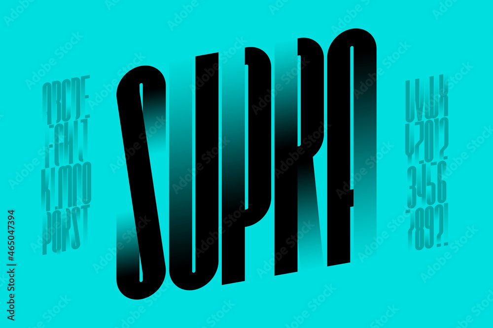 Fototapete modern condensed font with gradient elements, alphabet and numbers vector illustration
