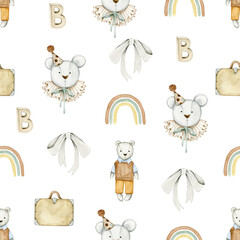 Watercolor seamless pattern with bow, rainbow, toy bear, suitcase. Isolated on white background. Hand drawn clipart. Perfect for card, fabric, tags, invitation, printing, wrapping.
