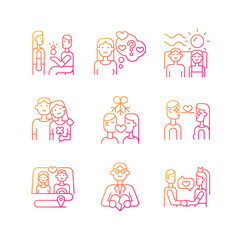 Romantic relationship gradient linear vector icons set. Family life tips. Development of healthy relations. Couples in love. Thin line contour symbols bundle. Isolated outline illustrations collection