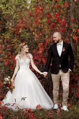 Obraz na płótnie Canvas walk of the bride and groom through the autumn forest