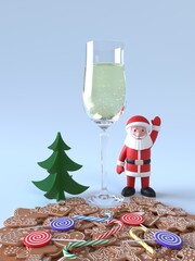 Santa Claus stands on the ice and waves his hand over a scattering of gingerbread, candys, glass of champagne. Idea for the New Year, Christmas banner, greeting card, design element. 3D rendering
