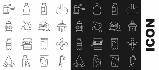 Set line Water tap, Shower, Bottle of water, drop, Fire hydrant, and Chemical formula for H2O icon. Vector