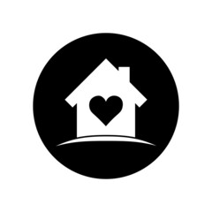 house icon with a heart inside in a round frame, black outline isolated on a white background, vector illustration