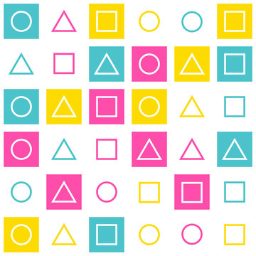 Matching pairs geometry game memory training. Circle, triangle, square tile on pink teal yellow white background