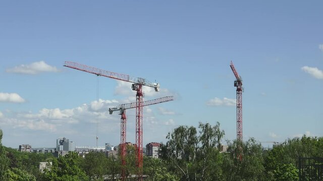 three red tower industrial building cranes working on construction site turn over in city among green trees blowing wind on blue sky with white clouds background in sunny day. panning wide shot.