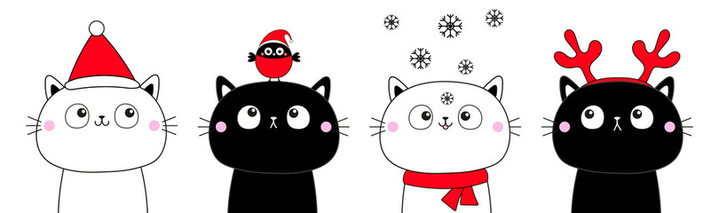 Merry Christmas. Cat in red Santa Claus hat, scarf, deer horns. Bullfinch bird. Snowflake. Face line contour silhouette set. Kawaii doodle animal. Cute cartoon character. Baby background. Flat