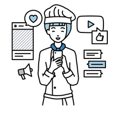 立ってスマートフォンでさまざまなSNSで楽しく交流する調理師の女性