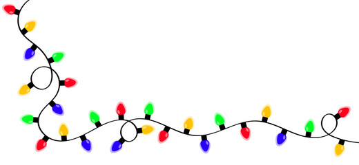 Christmas lights set. Decoration corner. Colorful string fairy light. Cartoon holiday festive xmas decor. Lightbulb glowing garland line. Rainbow color. Flat design. Isolated. White background.