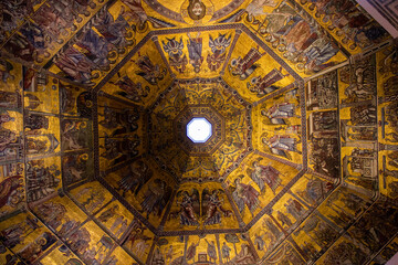 Fototapeta na wymiar Detailed close up of the golden mosaic ceiling of the Florence Baptistery, also known as the Baptistery of Saint John, Florence, Italy