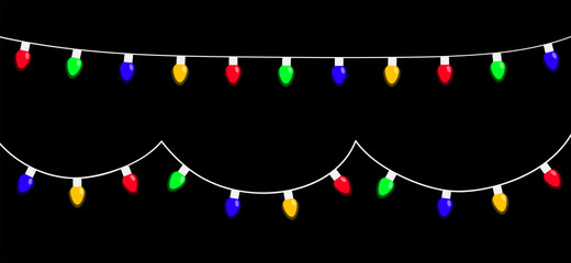 Christmas lights set. Colorful string fairy light. Cartoon holiday festive xmas decoration. Lightbulb glowing garland line. Rainbow color. Different shape. Flat design. Isolated. Black background.